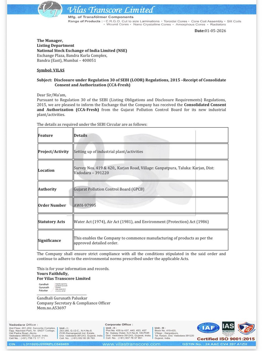 Vilas Transcore — GPCB Approval 

This GPCB approval is the regulatory prerequisite for copper CTC commercial production. Without this, commercial production couldn’t legally begin. With this, the April/May commercial production start is now legally cleared.

#vilas