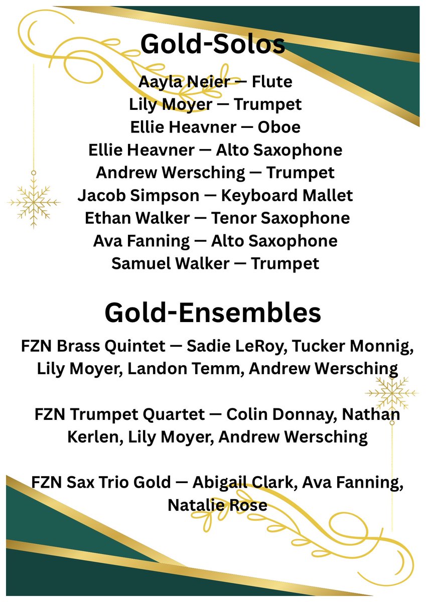 FZNBand's tweet photo. 🎶 State Solo &amp; Ensemble Results 🎶
We are proud to announce the results from State Solo &amp; Ensemble! Our students represented us with outstanding musicianship, dedication, and professionalism.
Thank you to our directors and accompanists! Way to go everyone! https://t.co/da2gtfuRVT