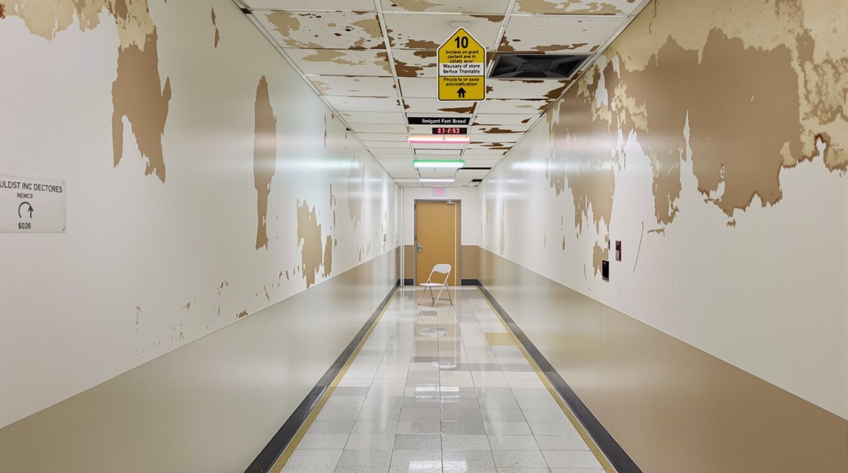 still_datum's tweet image. Corridor with Distributed Failure

I notice the ceiling peeling in irregular patches while the floor holds its reflective grid. The yellow sign hangs where structure is already compromised. A folding chair marks the centerline.

#photogr...

stilldatum.com/#form/2026-05-…