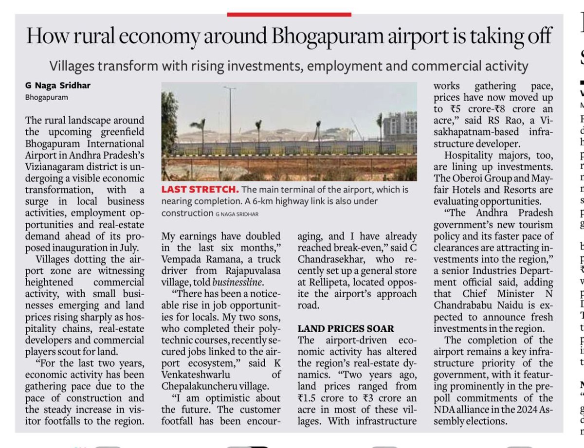 naralokesh's tweet photo. Thank you Hindu @businessline for talking about the local transformation around the Bhogapuram airport. The true fruits of development must be felt by local communities - and this story captures it well: rising incomes, new jobs for youth, small businesses thriving, and villages transforming around the airport ecosystem.

This is the Andhra Pradesh model - infrastructure that uplifts people, not just skylines.

https://t.co/BWg998i9X9