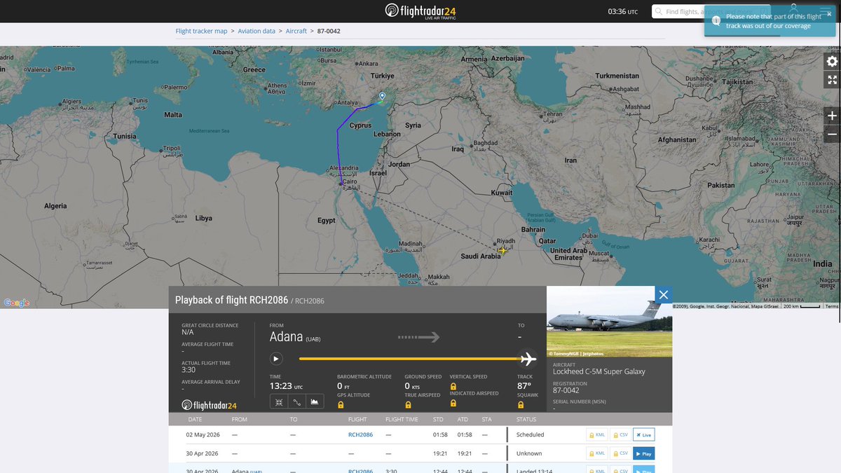 AIYeyENGDdJkjTr's tweet image. May 2, 2026
#Fairfield Travis Air Force Base #Anchorage #Osan Air Base, South Korea #Anchorage #Gander #Incirlik Air Base #Prince Sultan Air Base #Diego Garcia ==&amp;gt;

#RCH2086 #AE0587 USAF C-5M Super Galaxy
