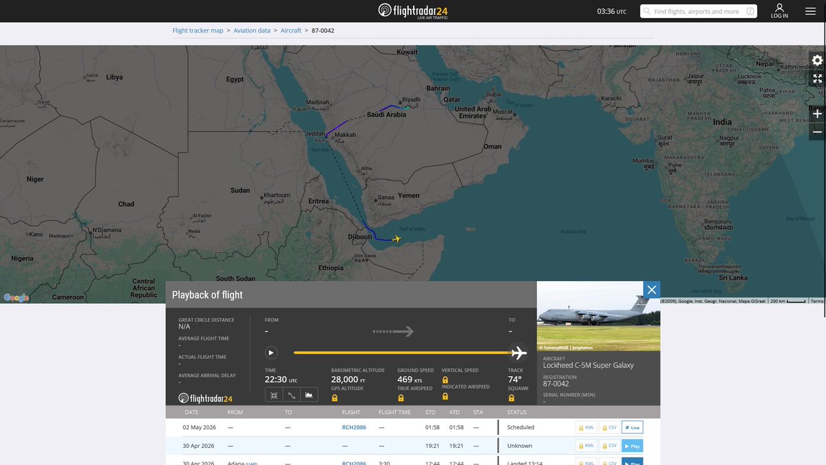 AIYeyENGDdJkjTr's tweet image. May 2, 2026
#Fairfield Travis Air Force Base #Anchorage #Osan Air Base, South Korea #Anchorage #Gander #Incirlik Air Base #Prince Sultan Air Base #Diego Garcia ==&amp;gt;

#RCH2086 #AE0587 USAF C-5M Super Galaxy
