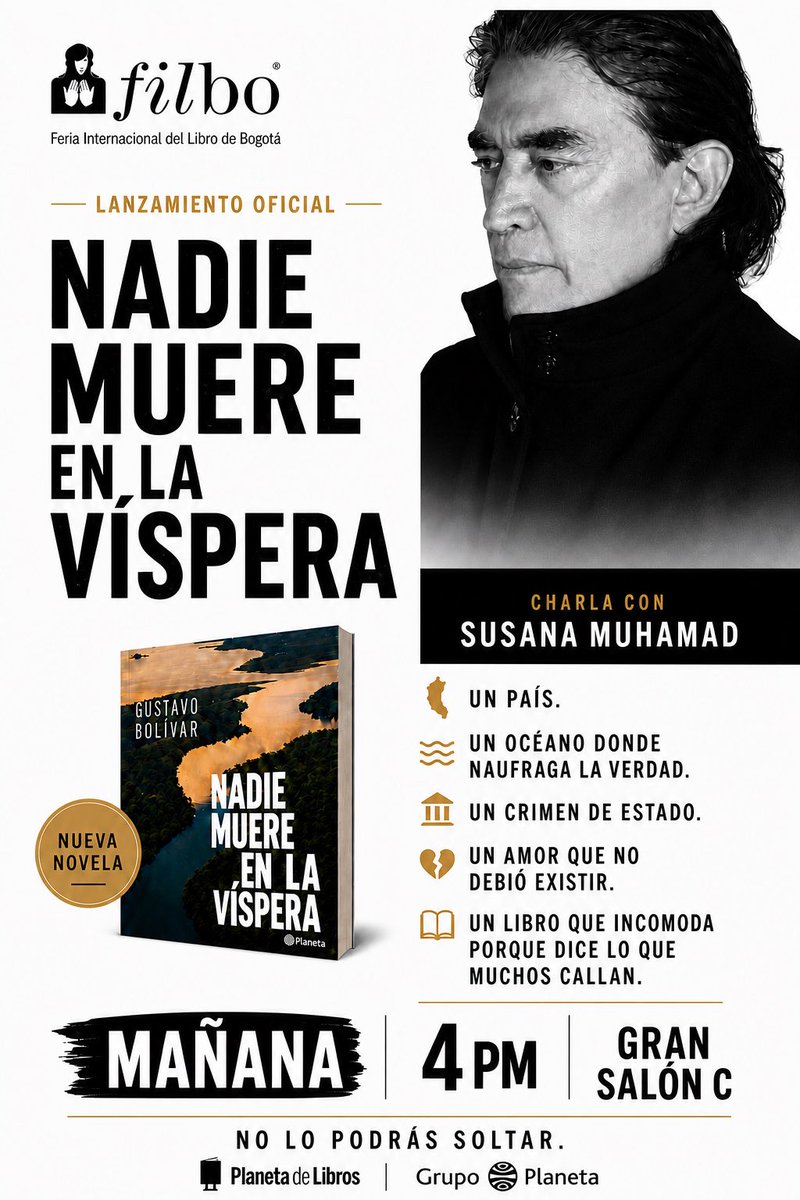 Invitadas (os) mañana al lanzamiento de mi novela “Nadie muere la víspera”
4 p.m gran salon C.
Panel con <a href="/susanamuhamad/">Susana Muhamad</a> y firma de libros. 
Gracias 🙏🏻
