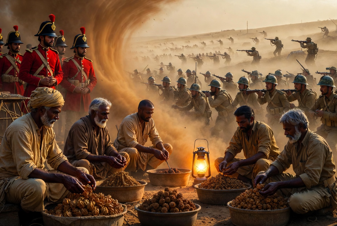 Fintech03's tweet photo. The story of Khaki is perhaps the most profound stolen legacy in industrial history. It is the story of how a bright red empire was forced to turn dust-colored just to survive & how Indian botanical knowledge & textile mastery handed them the chemical keys.

In the mid 1800s, the British Army was a walking target. They wore Scarlet Red. In the dust of the North-West Frontier, they stood out like blood on snow. They were being picked off by local snipers who moved like ghosts. The British were desperate. They started rubbing their white & red tunics with curry powder, mud, tea, & local dyes to blend in. The problem with mud and tea? 1 rainstorm, 1 wash, & the soldier was a bright red target again. 

European chemical labs struggled for yrs to find a truly fast, permanent dye. The breakthrough built on centuries of Indian expertise. Dyers across the subcontinent utilized Myrobalan (Harda), a fruit long used in Ayurveda combined with iron salts to create stable earth tones. This Ayurvedic-inspired mineral fix produced the world’s 1st reliable fast khaki. You could boil it/scrub it/drag it through a monsoon, & it stayed dust-colored.

When the British War Office saw the results from Indian mills & dyers, they were stunned. It was superior to anything their labs had produced. They studied the processes, scaled them, & adapted them for mass production. Indian mills, including major centers in Maharashtra, became vital to the effort. The Indian chemists and dyers held the traditional knowledge. The British Army’s new invisibility now depended on Indian botanical mastery.

By the time World War I broke out, the British Empire had officially switched to Khaki. Here is the part that remains hidden in the shadows of history: India became a primary outfitter of the Empire. During the Great War, Indian textile mills supplied vast quantities of khaki cloth.. millions of yards feeding the global war machine.

As the British fought the Germans & the Ottomans, they were not just using Indian soldiers, they were relying on Indian chemistry & cotton to hide their entire army. The British eventually patented & industrialized versions of the process in Europe, claiming it as a triumph of Western science. But the ghost of Indian ingenuity remained. W/o those Ayurvedic-inspired mineral fixes & the skill of Indian dyers & mills, the Thin Red Line would have been far more vulnerable long before the 20th century began.