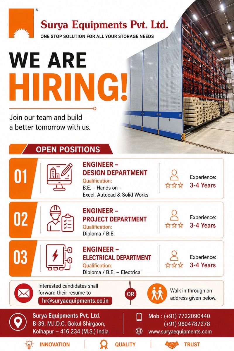 SuryaEquipments's tweet image. We are hiring join our team &amp;amp; build a better tomorrow with us..#suryaequipmentspvtltd #storagesolutions #rackingsystem #storage #storagerack