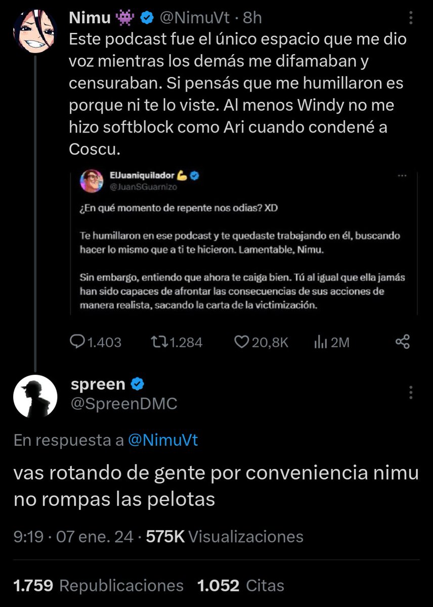En la época en la que Nimu estaba en la mierda, llamó abusador a Coscu para obtener aceptación de la audiencia de Dalas. Pero cuando se peleó con este, fue directo a Coscu arrastrándose a pedirle perdón. La que no tiene moral es ella. Por eso nadie en ese mundillo la quiere cerca
