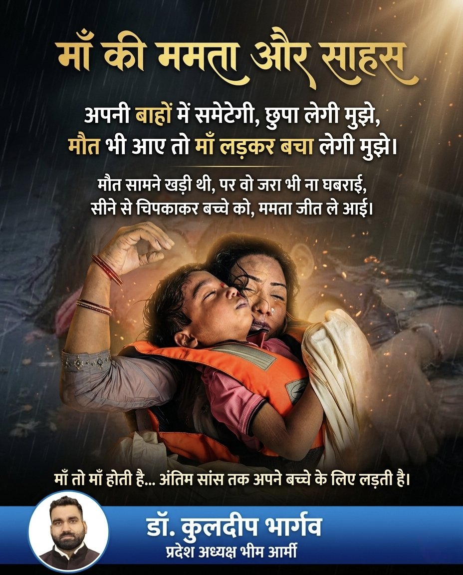 माँ सिर्फ एक शब्द नहीं, एक ऐसी ताकत है जो मौत से भी लड़ जाती है…

जब दुनिया साथ छोड़ देती है, तब माँ अपनी जान पर खेलकर भी अपने बच्चे को बचा लेती है।

ममता की कोई सीमा नहीं होती, और माँ का साहस अतुलनीय होता है। 

#MaaKiMamta #MotherLove #ViralPost