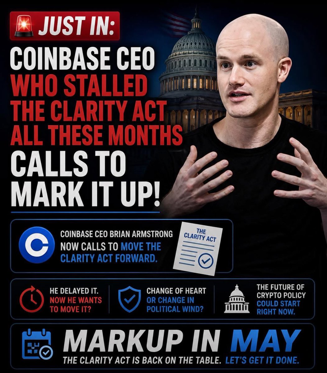 BOOM 💥: Brian Armstrong — after months of gridlock — is now calling to push the CLARITY Act forward. Same bill.
New urgency.
Markup in MAY. 🗓️
The tone has shifted… and fast. When the biggest players change stance,
you know something bigger is happening behind the scenes.