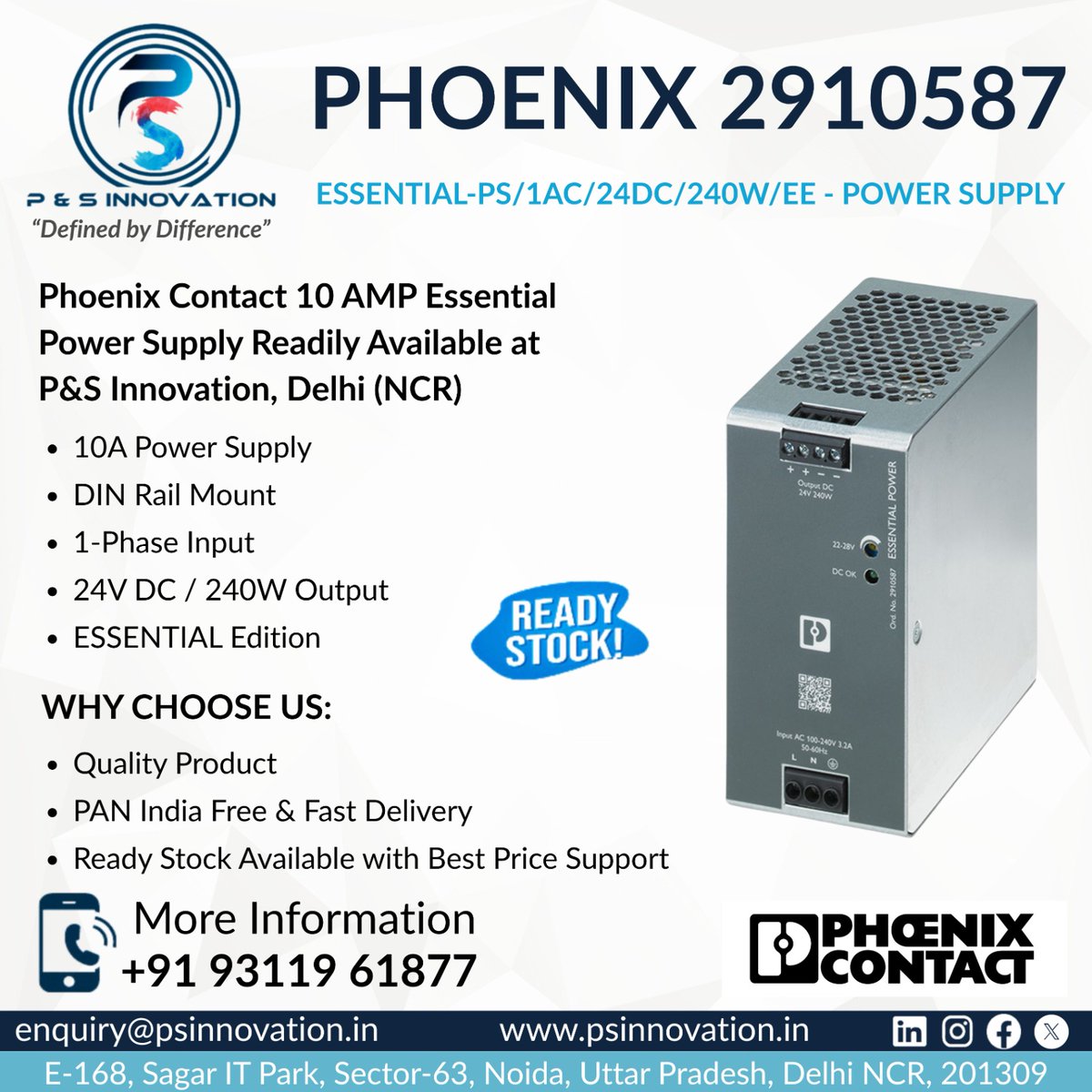 PSInnovation1's tweet image. At P&amp;amp;S Innovation, we deliver reliable power solutions for industrial systems with the Phoenix Contact Essential Series Power Supply—backed by a trusted supply chain.
📲 +91 93119 61877
📧 enquiry@psinnovation.in

#PhoenixContact #PowerSupply #Automation #PSInnovation #DelhiNCR