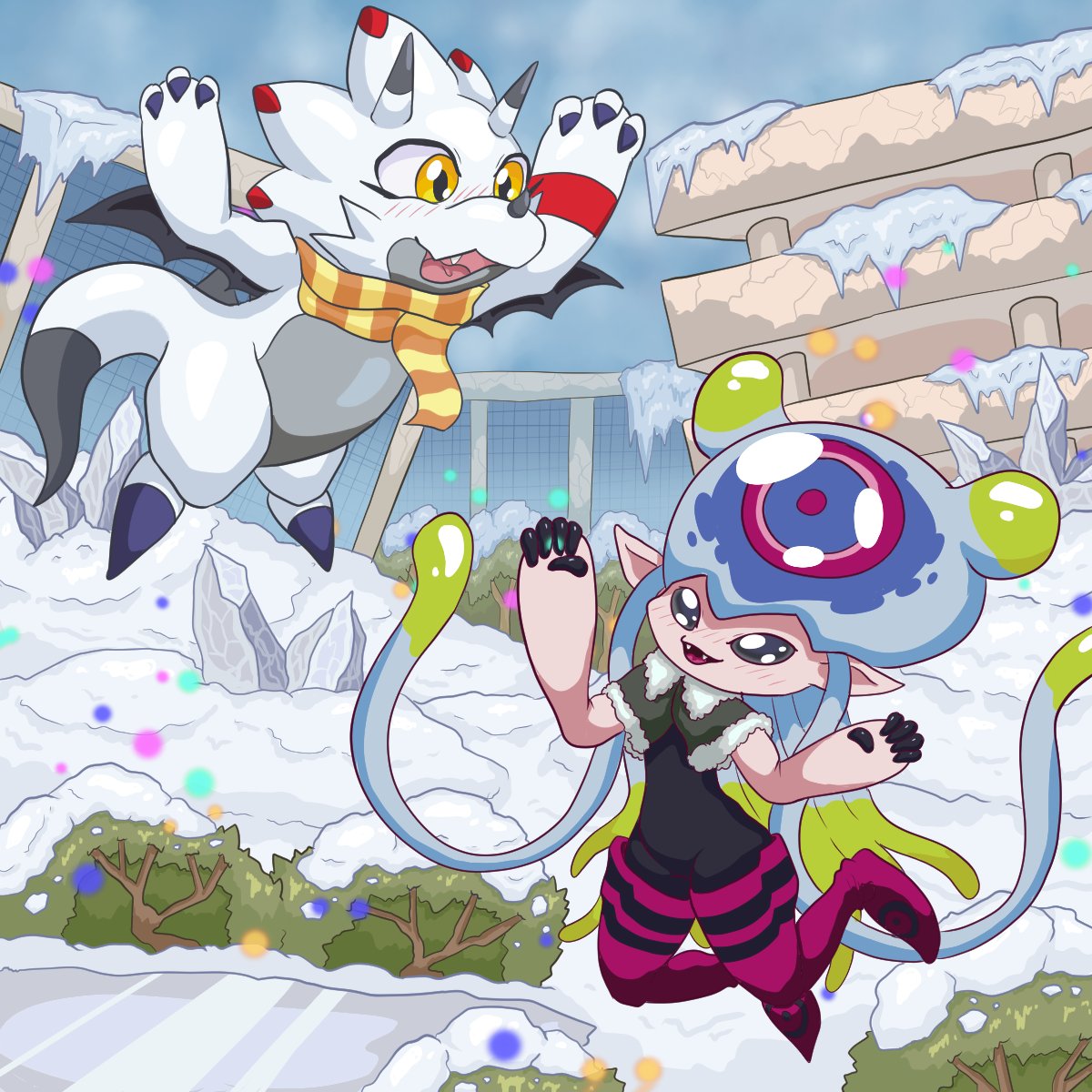 TheCrushiesGirl's tweet photo. DIGI-ANIME DAILY - Day 23 - Wintertime!

I don't think I've mentioned it before but I'm in love with #Gammamon and #Jellymon's little alternate cold weather outfits they wear sometimes in #DigimonGhostGame.

I wish we got to see digimon dress up more often! https://t.co/FZwa6m8XD9