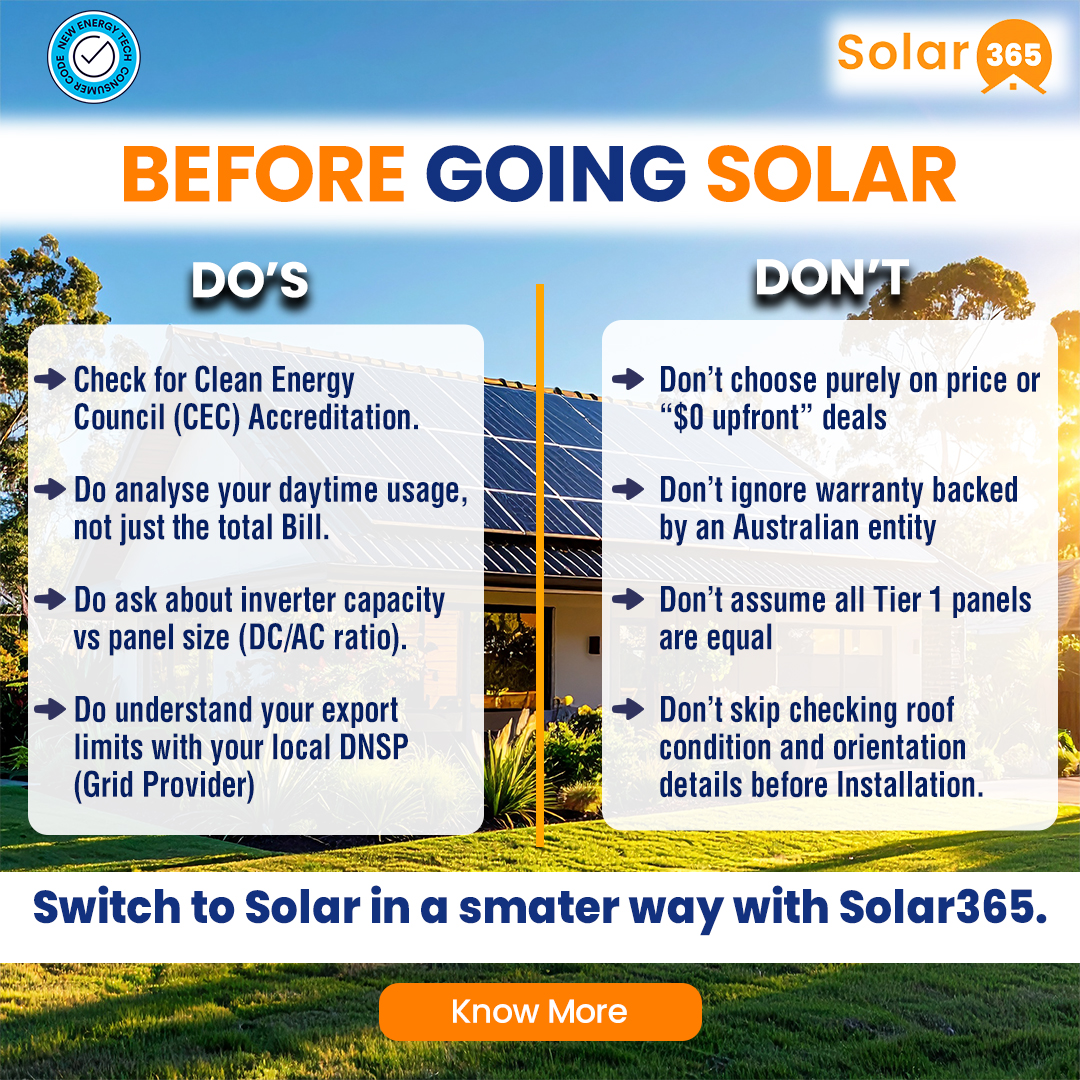 solar365perth's tweet image. Before Going Solar – DOs &amp;amp; DON’Ts you MUST know! ⚡
Smart tips to avoid costly mistakes and get maximum savings.
Choose wisely with Solar 365 👇
#Solar #GoSolar #SolarTips #Solar365
