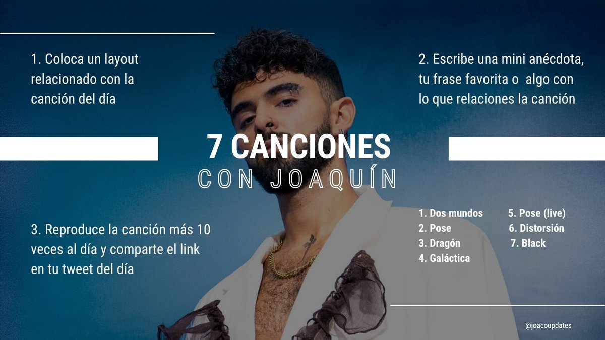 📢 | Spacers los invitamos a participar en la segunda dinámica para el cumpleaños de Joaquín, en el tweet de abajo les dejamos un ejemplo además en la imagen vienen la lista de canciones

Fecha de inicio: 02 de mayo 
Ht a usar: #7CANCIONESCONJOAQUIN 

#JoaquinBondoni