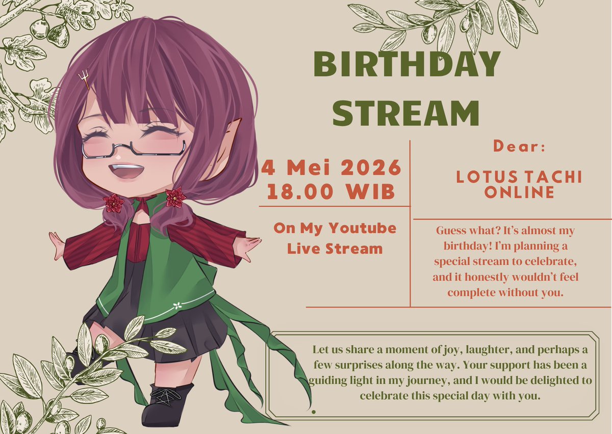Minna Sumimasen🪷
Nyaho.. mungkin ada yang mau nemenin lotus di birthday stream kecil-kecilan lotus ya.

Sankyuu ya udah dukung lotus selama ini.
Otuskare-tachi
🗓️: 4 Mei 2026 
⏰: 18.00 WIB s/d selesai 
🔗: youtube.com/live/_kOr8lM1c…
📜: forms.gle/gLo3MsHm6knDMq…