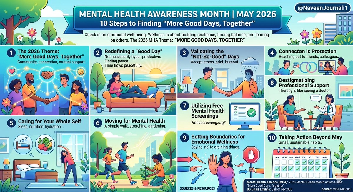 NaveenJournali1's tweet image. May 2026 is Mental Health Awareness Month. This year’s theme is "More Good Days, Together." Prioritize self-care, lean on your community, and remember you aren't alone. #MentalHealthMonth #May2026
@MentalHealthAm   @NAMI
   @Active_Minds @APAHealthyMinds @APApsychiatric