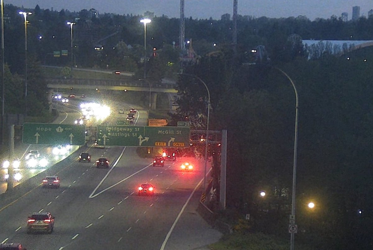 DriveBC's tweet image. ⚠️ #BCHwy1 - An eastbound vehicle fire on the McGill St off-ramp has the centre and right lanes blocked. Watch for crews on scene. #Vancouver #IronWorkersBridge