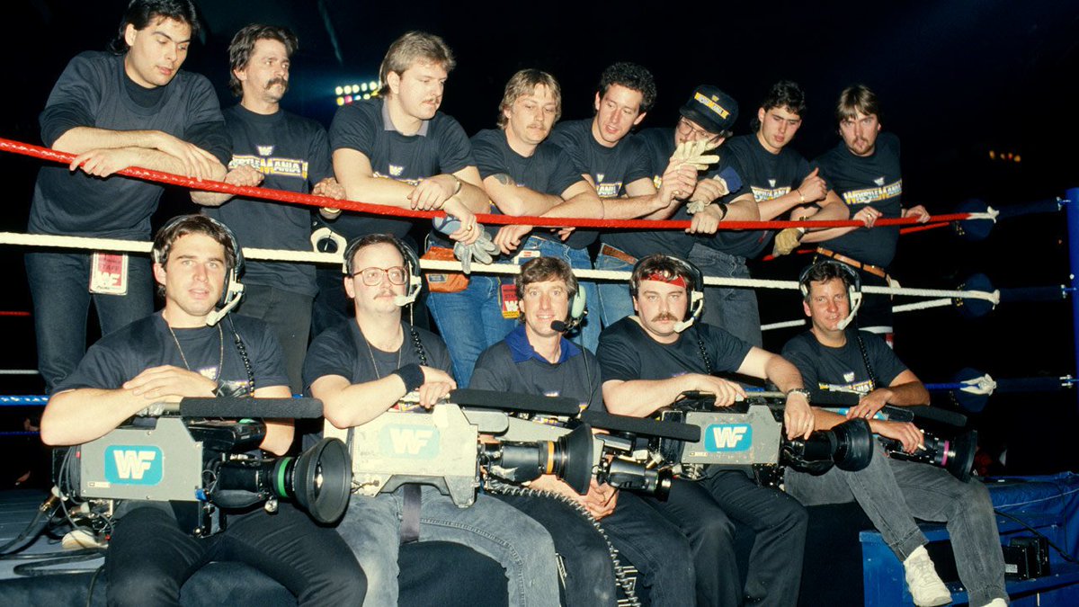 WWFWrestling1's tweet image. Some shots of the WWF crew from WrestleMania's III, VIII &amp;amp; IX. 📹 #WWF #WWE #Wrestling #WrestleMania