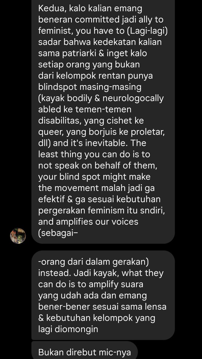 Buat para cowok: Menjadi pendukung yg baik itu dimulai dgn ✨️kerendahan hati✨️ untuk mengakui hak istimewa, ✨️kesadaran✨️ untuk melihat titik buta diri sendiri, dan ✨️kemauan✨️ untuk mendengarkan serta memberikan ruang bagi suara perempuan tanpa harus mendominasinya.