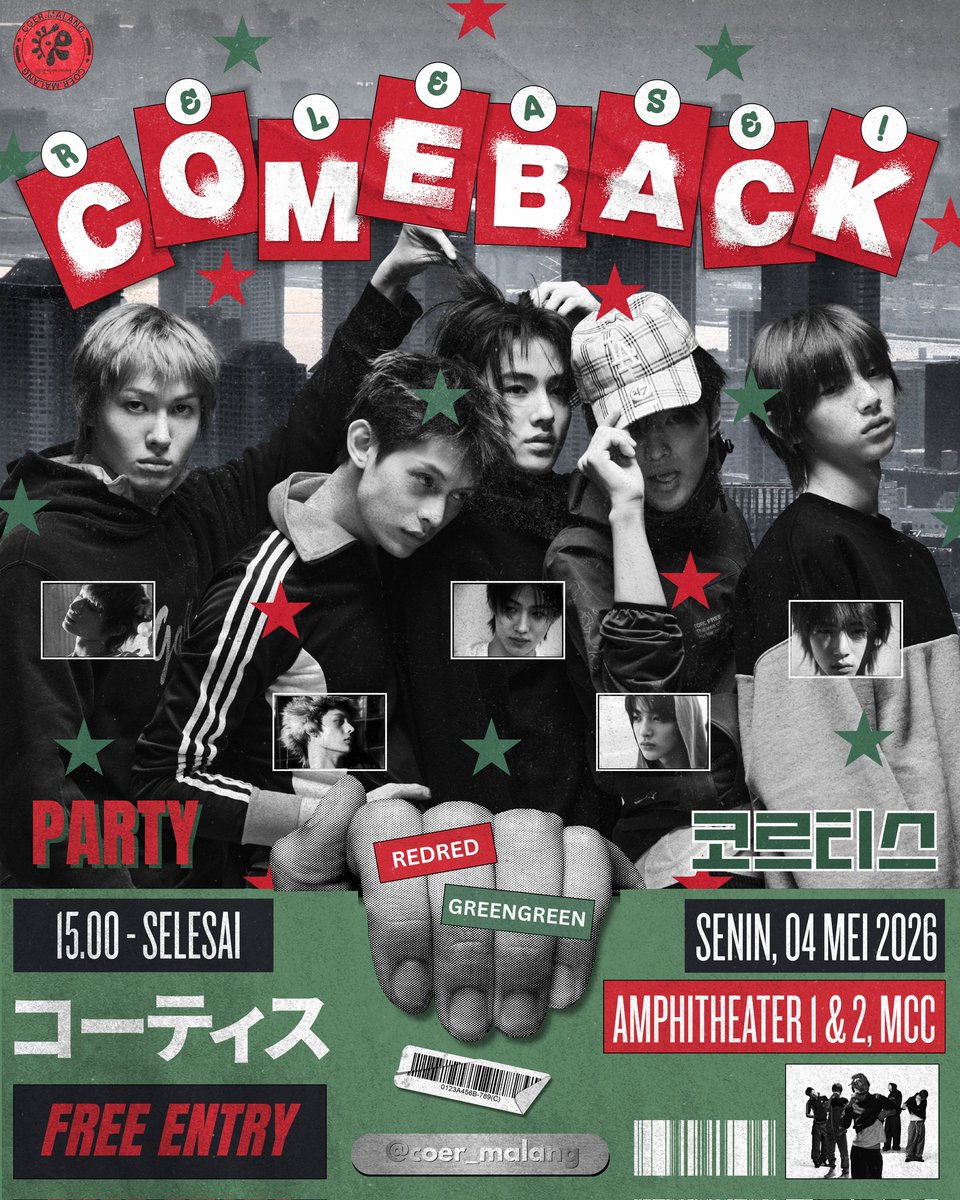 zhaoyufancokr's tweet photo. °⋆❤️ 𝗥𝗘𝗗 𝗧𝗢 𝗚��𝗘𝗘𝗡 𝗨𝗣 💚⋆°

[CORTIS RELEASE PARTY & NORAEBANG]
Cortis GreenGreen is back in full color, and RedRed hits different ❤️‍🔥
Pull up to the comeback release party—good vibes, loud tunes, and zero regrets.
Be there for the comeback—you won’t want to miss it! 🎶✨

Handled by : @coer_malang

[PART 1]
📍 AMPHITHEATER 2, Malang Creative Center
🗓️ 4 MEI 2026
⏰ 15.00 - 17.00
💸 FREE HTM

[PART 2]
📍 AMPHITHEATER 1, Malang Creative Center
🗓️ 4 MEI 2026
⏰ 18.00 - 20.00
💸 FREE HTM

#CORTIS #코르티스