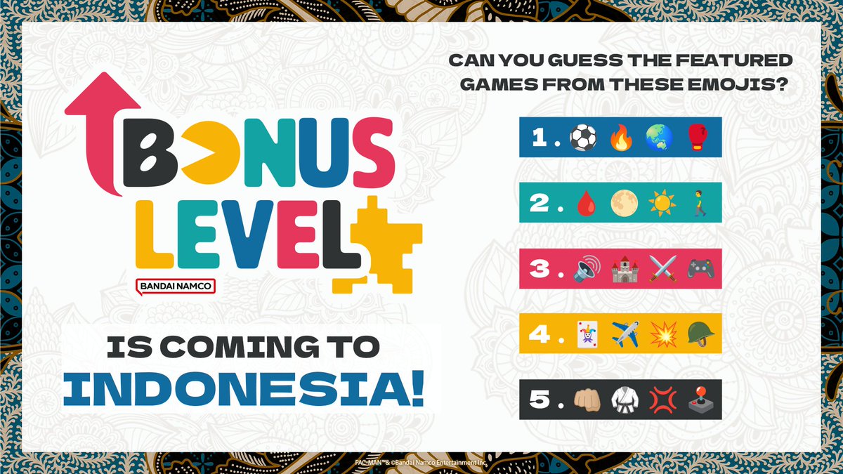 BandaiNamcoSEA's tweet photo. Bandai Namco Entertainment Asia's FREE 3-day gaming event, #BonusLevel⭐, is BACK and we're coming to INDONESIA!
Can you guess the 5 games we'll be featuring? Drop your answers below! 👇
Stay tuned to our socials for more updates! 🎮 https://t.co/gFAqWbPDax