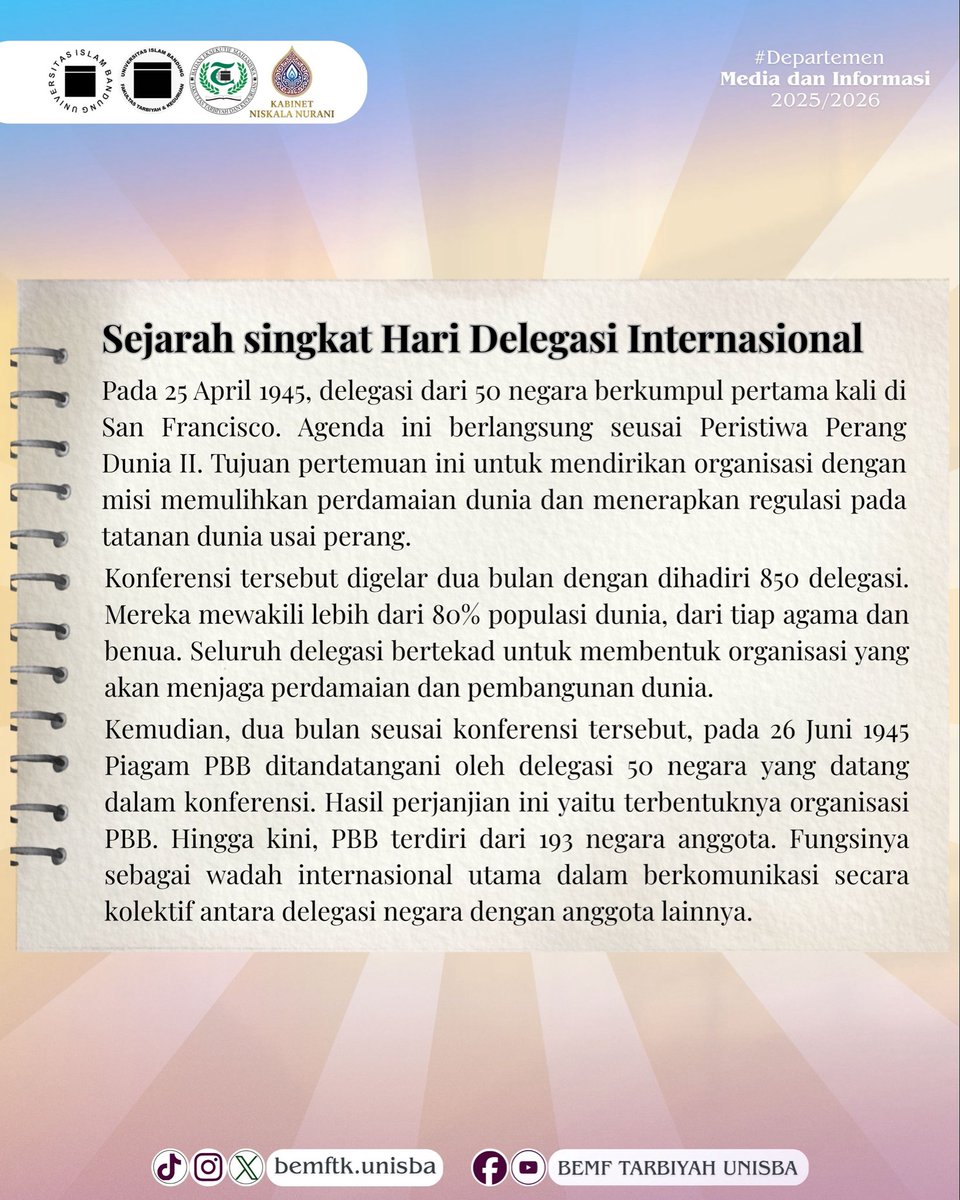 bemftkunisba's tweet photo. Selamat Memperingati Hari Delegasi Internasional🌍✨

Assalamu’alaikum Warahmatullahi Wabarakatuh

Halo, Sobat Tarbiyah! 👋🏻💚  
Hari ini mengingatkan kita akan pentingnya kerja sama dan komunikasi antarbangsa demi terciptanya perdamaian dunia. https://t.co/oja5u4jz06