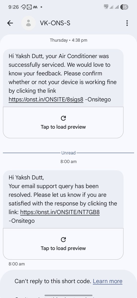 AnandYaksh's tweet photo. Below are the messages recieved without having the engineer visit by @helponsitego @onsitegoindia. Very dissatisfied service. https://t.co/2R3AHJQFZR