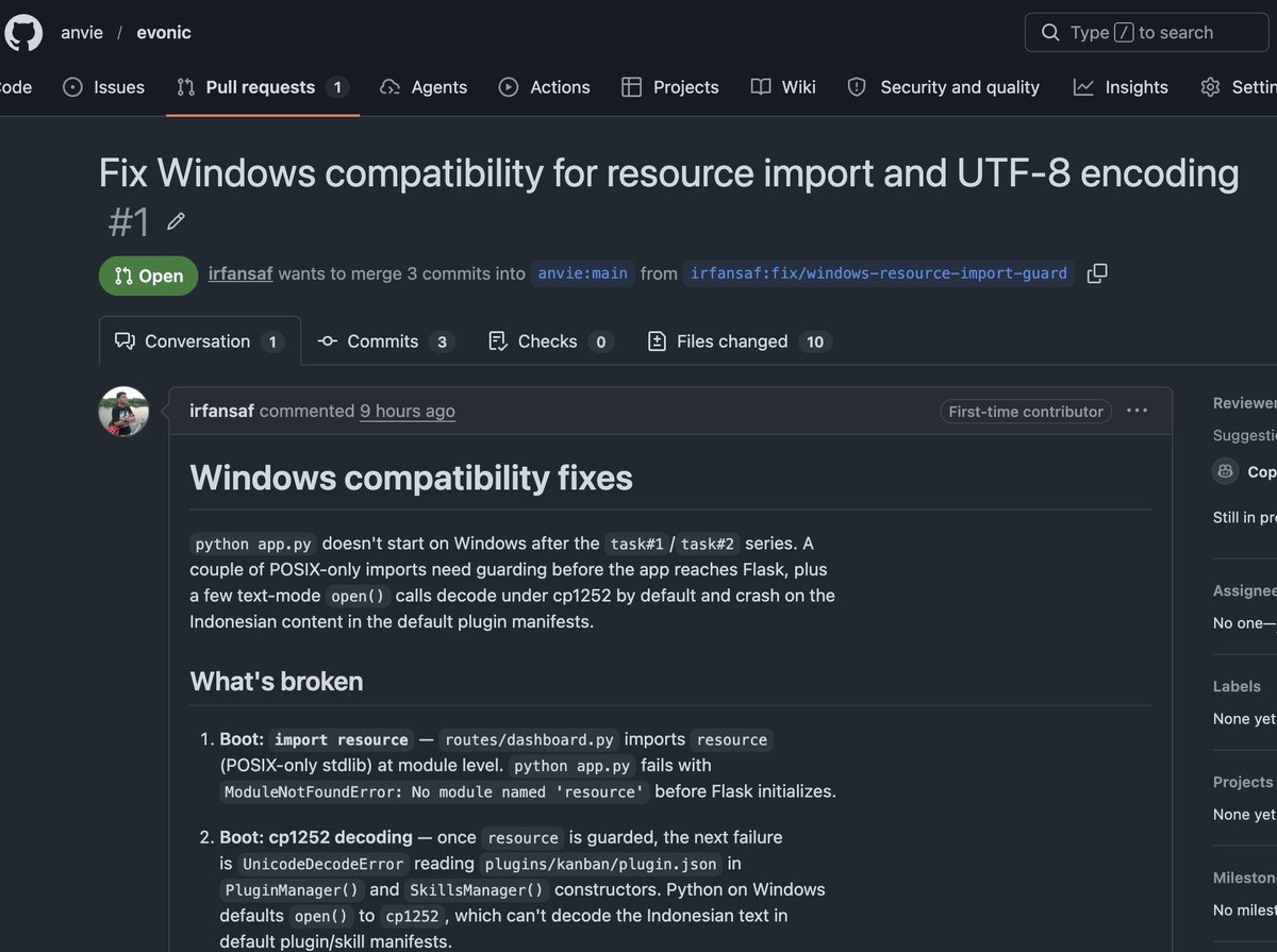 anvie's tweet photo. Baru aja rilis kemarin udah ada PR aja, thank mas Irfan yang sudah kirim PR buat fix compatibility di Windows 🙏 https://t.co/Hp4NGAJqb0