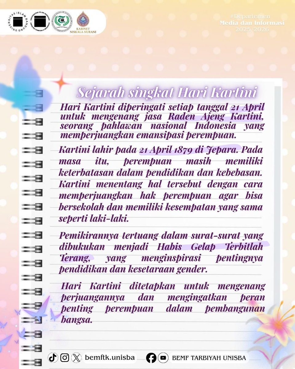 bemftkunisba's tweet photo. [Selamat Memperingati Hari Kartini] 🌸

Assalamu’alaikum Warahmatullahi Wabarakatuh

Hari Kartini menjadi momen untuk mengingat kembali pentingnya pendidikan sebagai jalan menuju kemajuan. Semangat R.A. Kartini mengajarkan kita untuk terus belajar, berkembang, dan berani bermimpi https://t.co/cGx3IyJTSq