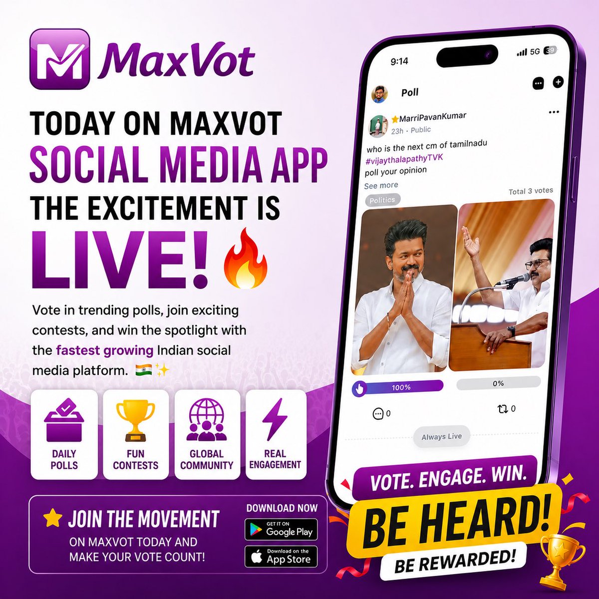 mgnapps's tweet image. Today on #MaxVot the excitement is live!

Vote in trending #polls, join exciting #contests, and win the spotlight with the fastest growing #Indian social media platform.

Daily Polls  
Fun Contests  
Global Community  
Real Engagement  

Join the movement on MaxVot today.