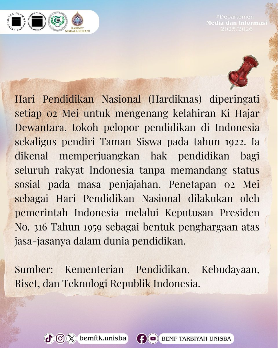 bemftkunisba's tweet photo. Selamat Memperingati Hari Pendidikan Nasional📚✨

Assalamu’alaikum Warahmatullahi Wabarakatuh

Halo, Sobat Tarbiyah! 👋🏻💚

Hari ini mengingatkan kita akan pentingnya pendidikan sebagai kunci untuk meraih masa depan dan mencerdaskan kehidupan bangsa. https://t.co/jNIW0FTwY8