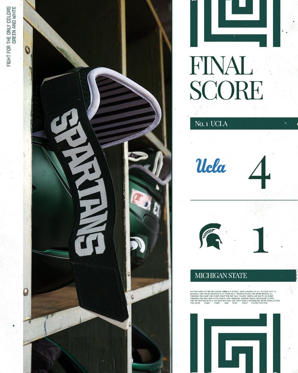 MSUBaseball's tweet image. Final score from Friday's series-opener:
No. 1 UCLA 4, Michigan State 1

Spartans had top-ranked Bruins on the ropes with a lead until the 8th.

Gm 2 of @B1Gbaseball series between MSU &amp;amp; UCLA is Saturday at 3:32 pm.

#GoGreen