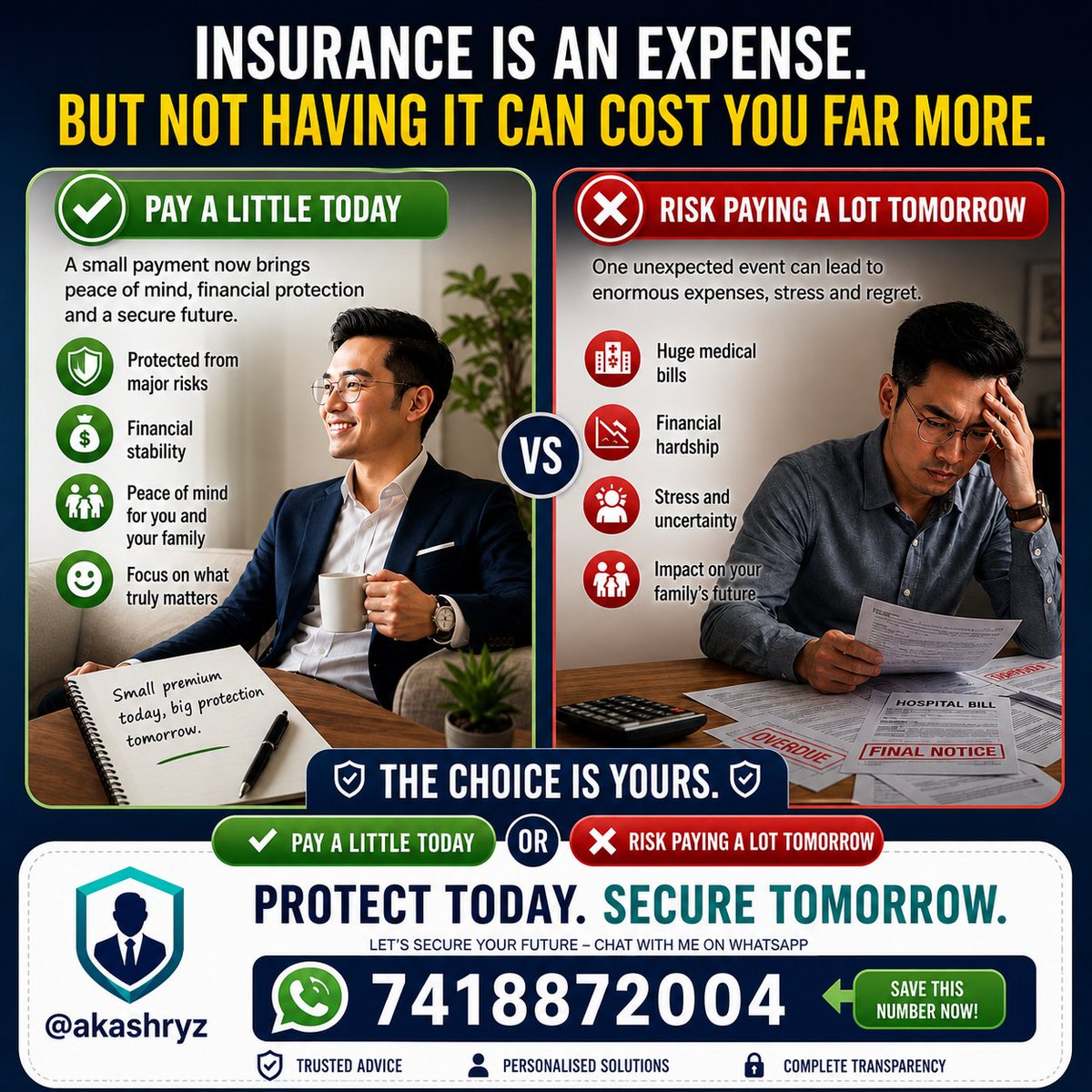 akashryz's tweet image. Insurance is an expense, but not having it costs far more.

Choose stability over stress. I provide expert advice on:
🚗 Motor (Car/Bike/Commercial)
🏥 Health
🛡️ Term &amp;amp; Life

Protect today. Secure tomorrow.

📲 WhatsApp: 7418872004

#Insurance #FinancialFreedom #Protection