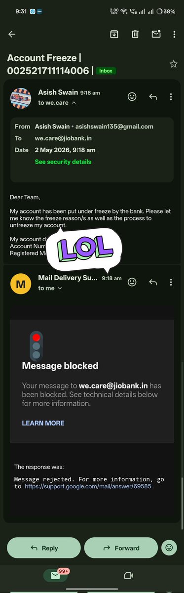 ins_ashu's tweet photo. @JioFinance1 My account (Jio Payments Bank) was put under freeze without any prior notice or reason communicated to me. No SMS, no email, no in-app notification. Nothing. https://t.co/7p2jFgLeMQ
