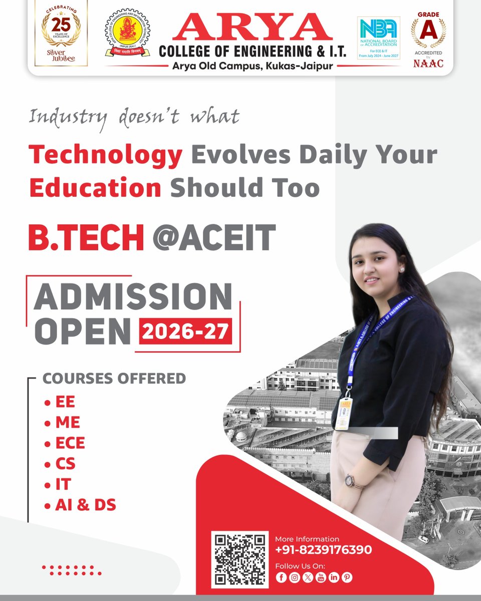aryacolleges's tweet photo. Technology is evolving every day — make sure your education evolves with it.
Join #BTech @ #ACEIT and step into a world of innovation, skills, and endless opportunities.

🚀 Admissions Open for 2026–27

Apply now &amp; shape your career with the right guidance and placement support! https://t.co/QVBleTnuhm