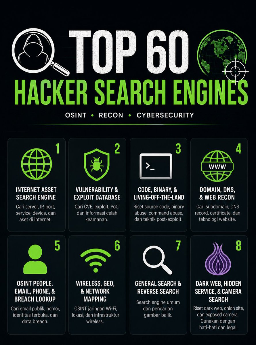ceogalxe's tweet photo. Top 60 Hacker Search Engines ‼️ saya kategorikan sesuai fungsi

🔸Internet Asset Search Engine
- Shodan
- Censys
- ZoomEye
- FOFA
- Onyphe
- Natlas
- Netlas
- FullHunt
- LeakIX
- Riddler

🔸Vulnerability & Exploit Database
- NIST NVD
- https://t.co/CpCWhDJdnx
- OpenCVE
- VulnIQ
- Vulmon
- VulDB
- Sploitus
- https://t.co/Tf972MybqU
- ExploitDB
- Rapid7 DB

🔸Code, Binary, dan Living-off-the-Land Reference
- https://t.co/TVolYOPL1k
- SearchCode
- LOLBAS
- GTFOBins
- ORKL
- https://t.co/c6SrkVVp1u
- malapi
- filesec
- HashKiller

🔸Domain, DNS, Certificate, dan Web Recon
- https://t.co/Q5CxbPVgZy
- DNSdb
- DNSviz
- RobTex
- BuiltWith
- URLScan
- Chaos
- https://t.co/STg1w3NhEc
- NerdyData
- SynapsInt

🔸OSINT People, Email, Phone, dan Breach Lookup
- https://t.co/shyg3JXU00
- Skymem
- ThatsThem
- Omnisint
- DeHashed
- Snusbase
- TellowS
- https://t.co/utgmdustZp
- SpyDialer

🔸Wireless, Geo, dan Network Mapping
- WiGLE
- wifimap
- wifispc
- mylnikov

🔸Dark Web, Hidden Service, dan Camera Search
- AHMIA
- https://t.co/3RGvEPw5A4
- Insecam

simpan ini jika menurutmu ini bermanfaat!