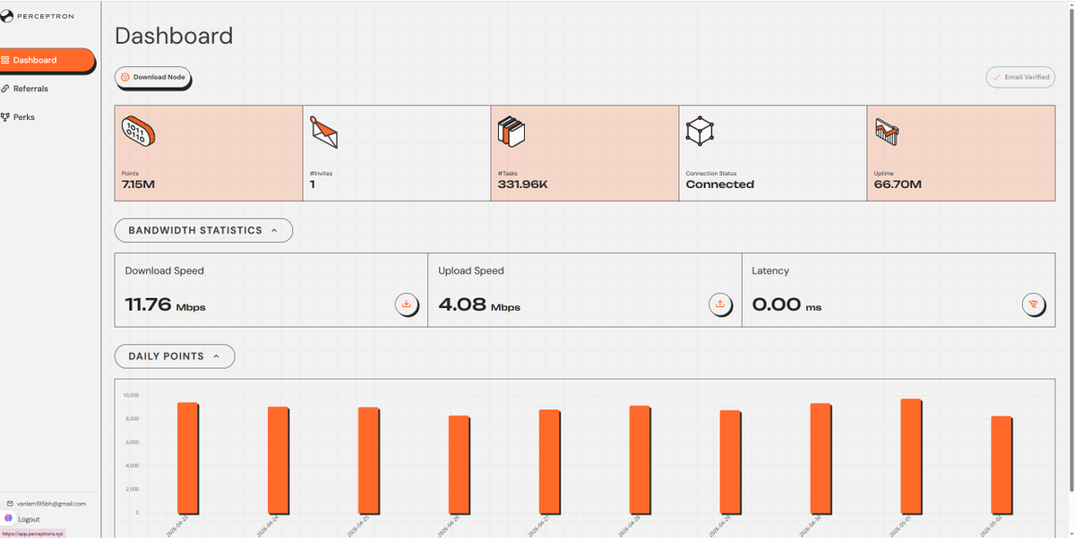 vanlam0995's tweet photo. Excited to share my @PerceptronNTWK
Node

Current stats:
- Points: 7.15M
- Tasks: 331.96K
- Speed: 11.76 Mbps
- Latency: 0.00 ms
- Uptime: 66.70M
Building the decentralized future! 
#NodeAndProud
Enjoin: https://t.co/dkGoAcslVd https://t.co/Sw7xvaIhUP