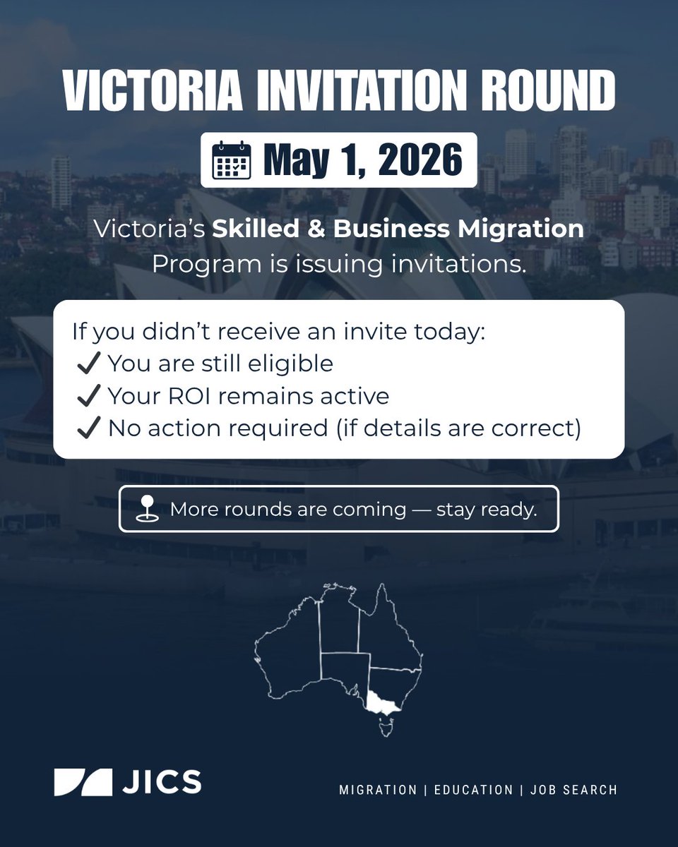 jicsaustralia's tweet image. Victoria invitation round today.

No invite ≠ rejection.
Your ROI is still active.
You’re still in the running.

Book: calendly.com/jicsaustralia/…

#VisaUpdate #AustraliaMigration #SkilledVisa #PRPathway #MigrationNews #JICSAustralia