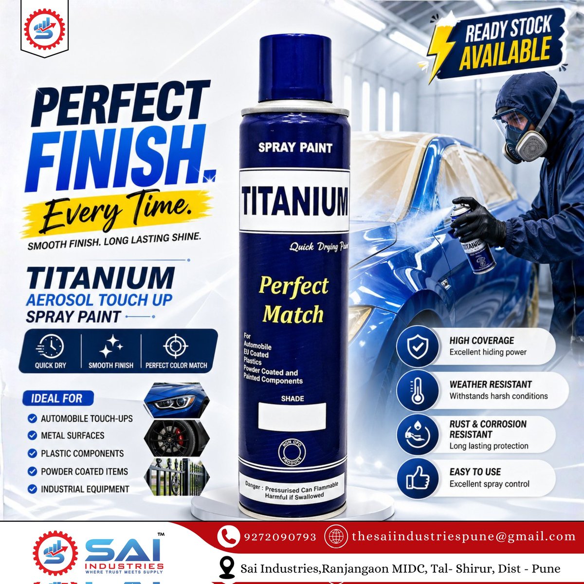Sai__Industries's tweet image. Give every surface a flawless finish 🎯 Sai Industries presents TITANIUM Aerosol Spray Paint designed for quick drying, smooth coating, and perfect color match.Ideal for automotive touch-ups and industrial use with reliable, professional results.

#SprayPaint #IndustrialSolutions