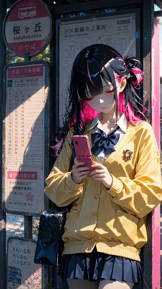 No.661｜夕方のバス停で、ガラケーを見つめる制服少女
ピンクの携帯と髪の差し色が、古い時刻表の前で静かに光る一枚