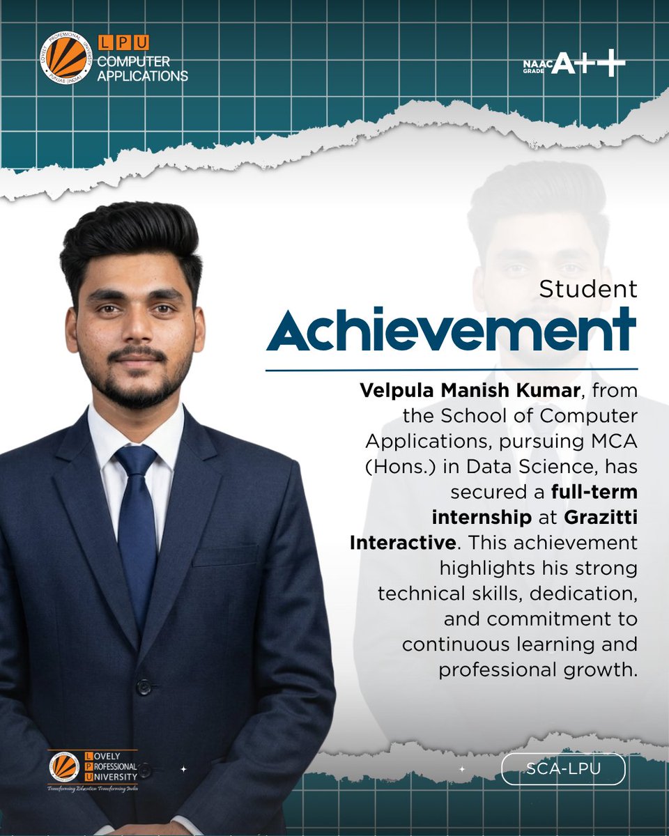 LPUComputerApp's tweet image. Celebrating success and dedication! 🎉
Velpula Manish Kumar from SCA, LPU secures a full-term internship at Grazitti Interactive—turning skills into real-world impact. 

#StudentAchievement #LPUProud #SCA #FutureReady #DataScience #InternshipSuccess #LPU #CareerGrowth