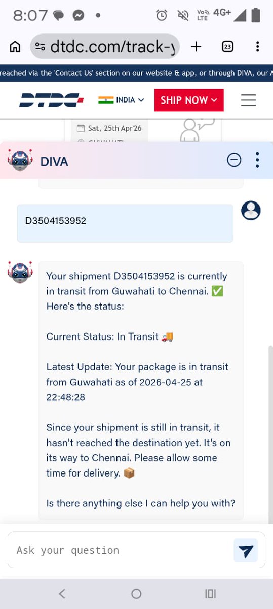 write2shantanu's tweet photo. @DTDCIndia A parcel sent from Guwahati to Chennai#D3504153952 on 25Apr. Same still in transit. The DTDC Guwahati franchise confirmed booking for Air delivery but sent it via road. Pure theft in broad daylight. Need immediate delivery and refund of excess money charged. https://t.co/G9BuXYgF6t