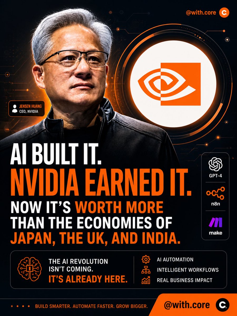 SomeStoicGuy's tweet image. AI just changed what power looks like.

NVIDIA is now worth more than entire economies.

Let that sink in.

Most people are still using AI like a search tool…

#ai #artificialintelligence #aitools #productivity #makemoneyonline #digitalcreator #contentcreator