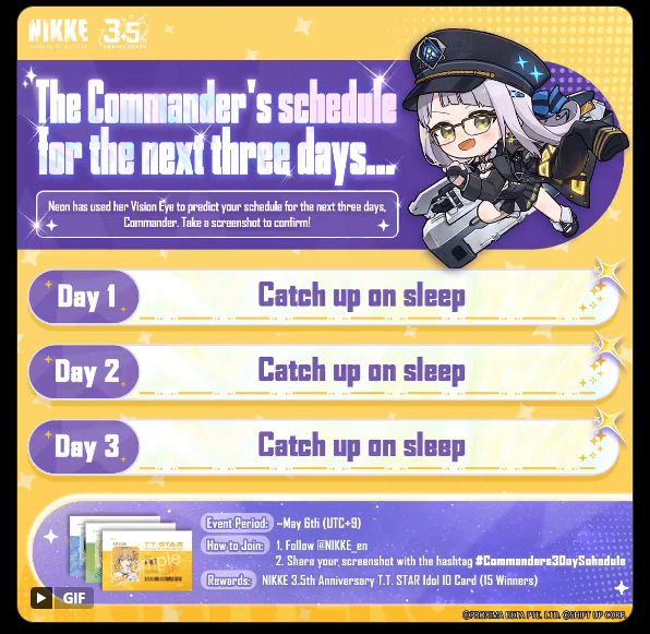 Silver_XD25's tweet photo. @NIKKE_en #Commanders3DaySchedule well better start catching up on some z's then LOL.😅😅😅 https://t.co/Bork5n2n6c