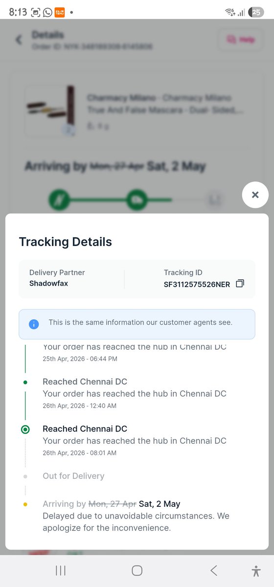 AFearlessBH's tweet photo. @shadowfax_in @MyNykaa
I ordered items on 21 April. Package is showing in Chennai DC as per nykaa tracking since 26 April 
Shadowfax tracking Showing package at Chelanoor SCC facility since 26April which is near to my place. I still not received my order yet. WHY? WHATS WRONG??? https://t.co/lhJ5FlXgBf