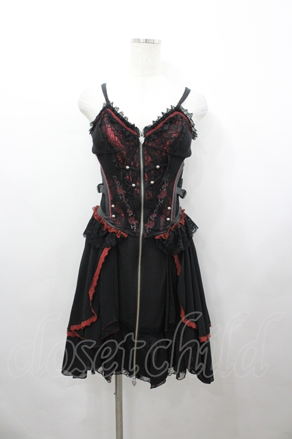Ozz oneste / 薔薇刺繍コルセット風キャミワンピース 黒X赤 I-26-04