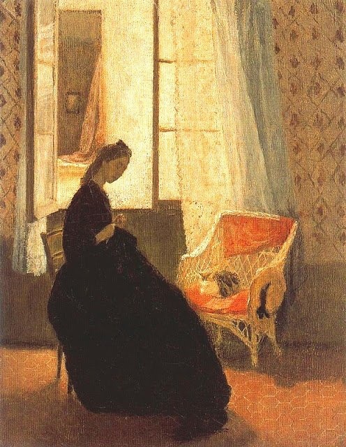 womensart1's tweet image. Gwen John (British painter, 1876-1939) - Interior with Woman Sewing at Window and Cat #WomensArt #RoomArtWeek