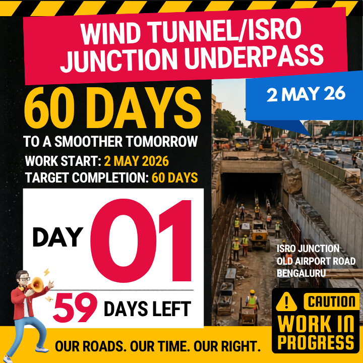 Poori5678's tweet photo. 🚧 DAY 1/60 | 59 DAYS LEFT  

The traffic police gave permission CONDITIONALLY, on the promise of on-time delivery.  
That condition is now public accountability.  

@GBA_office @bbmpcommr @GBAChiefComm 
the community is tracking daily. 

#ISROUnderpass #60DayCountdown #OldAirportRoad #BengaluruTraffic

@siddaramaiah @osd_cmkarnataka @TOIBengaluru  @BangaloreMirror  @DeccanHerald   @citizenmatters  @thenewsminute  @the_hindu  @Prajafoundation  @Janaagraha1   @Jhatkaadotorg  @BPACofficial  @IChangeMyCity @IIndia71792  @ManipalHealth @bengalurupost1 @Ashwini_79 @BLRFED  @toi @nabilajamal_ @kiranshaw @pib_comm @anusheel33 @VinodKartavya @vinodblru @rajdugar @harishbijoor @sandhu_bia @PrasadBidapa @priyachettyr @ppitti @BDAOfficialGok @Captain_Mani72 @GBITCIA @bangalorecivic @VoiceBengaluru @bheem_rajesh1 @HarshaK18427126 @CitizenKamran @amulya_ur  
                                                                                            
Pls join the group!
https://t.co/Ubm85FCuRf