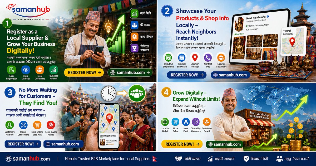 SamanHub's tweet image. Stop waiting for customers — let them find YOU 📍

With Samanhub:
✔️ Showcase products locally
✔️ Get discovered by nearby buyers
✔️ Connect instantly
✔️ Grow digitally
🚀 Register now: samanhub.com
#LocalBusiness #Samanhub #GoDigital #NepalBusiness #BusinessGrowth
