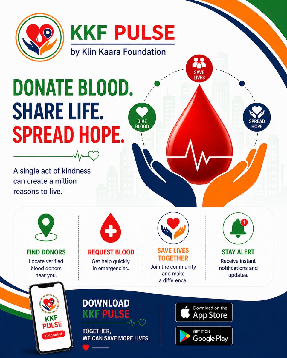 KkfPulse's tweet image. ❤️ Your single act of kindness can save a life. Download the KKF Pulse app by Klin Kaara Foundation to find verified donors, request blood in emergencies, and stay alert with real-time updates.

​#donateblood #savelives #kkfpulse #blooddonation #healthtech