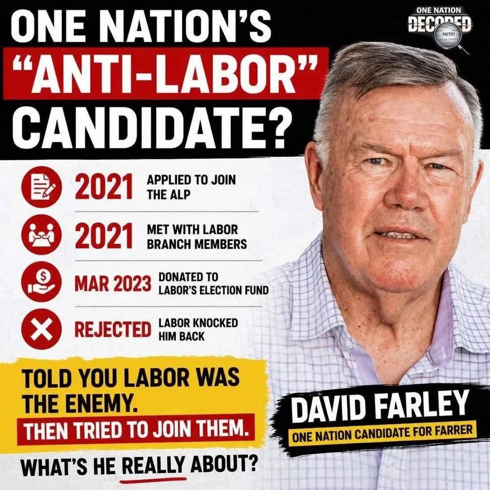 mark_melbin's tweet image. One Nation candidate David Farley is a FAKE!

#auspol #OneNation #Farrer #FarrerVotes