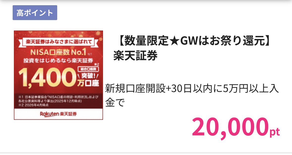 ichi_miler's tweet photo. ネット証券のGW還元がすごい🔥

ハピタス経由でこの2社を作るだけで
計5万超が手に入るチャンス。

🔹SBI：口座開設＋入金➡️2.8万円
🔹楽天：口座開設＋入金➡️2万円
🔹紹介特典：新規登録➡️2,300円

下記から登録で紹介特典が適用になるので
まだの人は今のうちに。
https://t.co/JQdLxMVubd
#NISA https://t.co/HilQn2BEcU